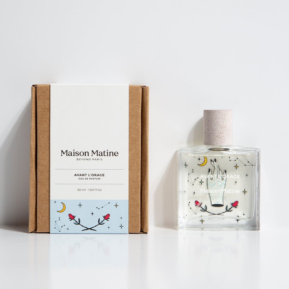 Avant l'orage, un parfum boisé et floral de la marque française MAISON MATINE, en flacon très graphique, disponible dans la parfumerie de niche KAMS PARIS